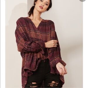 Free people plaid come on over flowy oversized top womens M red purple